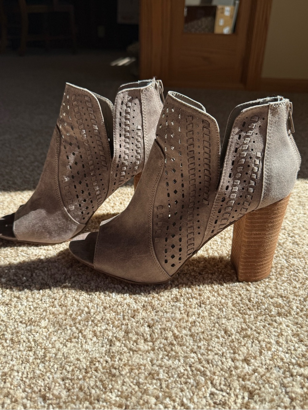 Carlos Santana Taupe Suede Cutout Peep-Toe Block Heel Booties